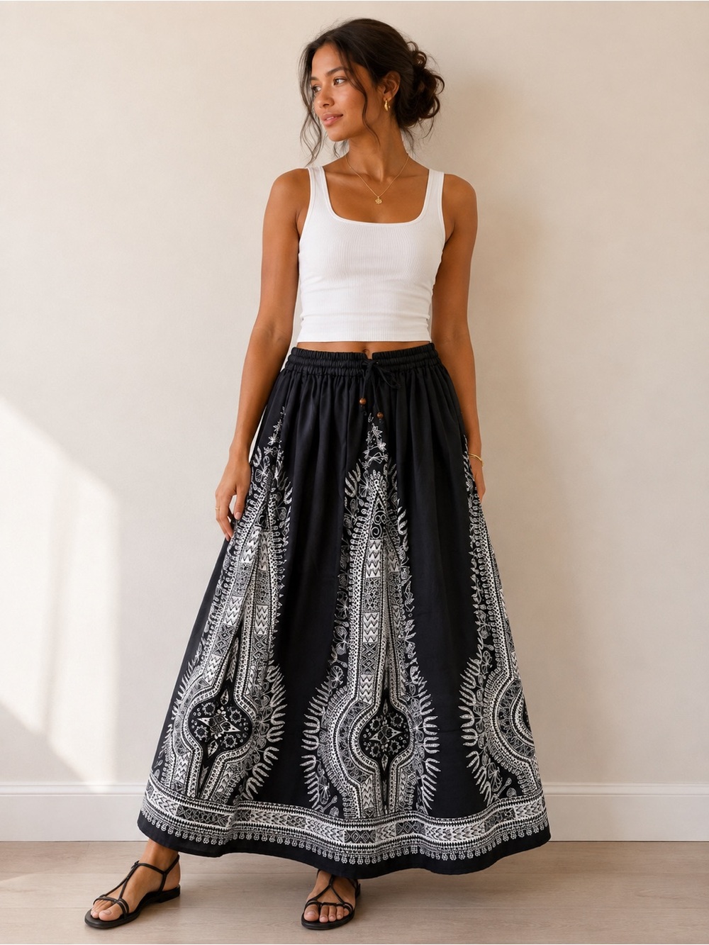 Gypsy Blue Black & White Boho Paisley Maxi Skirt Size Small